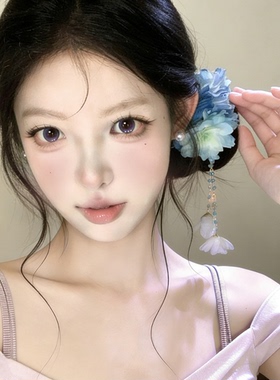 超仙绝美气质蓝色花朵流苏发夹
