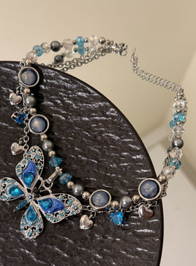 甜酷辣妹多层蓝色蝴蝶项链女