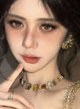 法式复古彩色水钻几何项链耳环