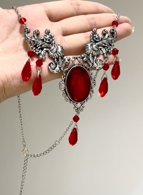万圣节复古红色水钻流苏项链