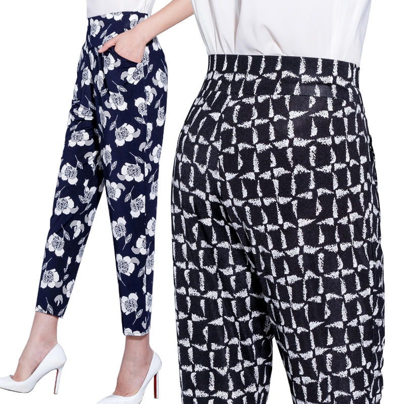 夏季花裤子女薄款宽松女款休闲裤弹力碎花哈伦