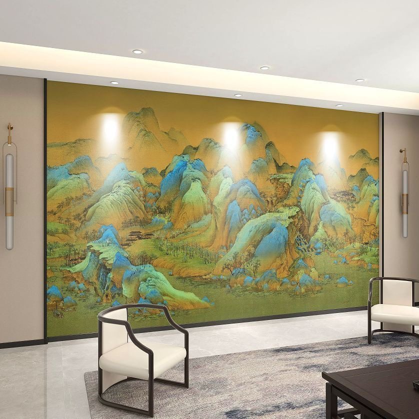 千里江山图壁纸新中式山水壁画沙发电视背景墙壁布定制,淘宝优惠券,粉丝福利购,淘宝优惠卷