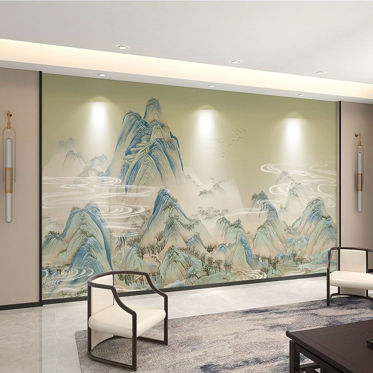 千里江山图壁纸新中式山水壁画沙发电视背景墙壁布定制,淘宝优惠券,粉丝福利购,淘宝优惠卷