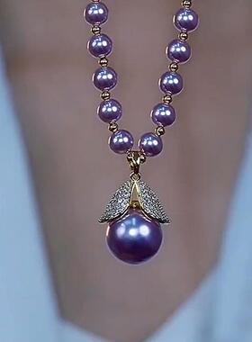 小众设计感紫色叶子锆石项链