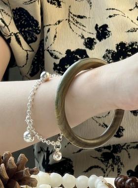 绿檀手镯女檀木檀香素圈复古文玩圆条镯子古韵木质玉檀香手镯饰品