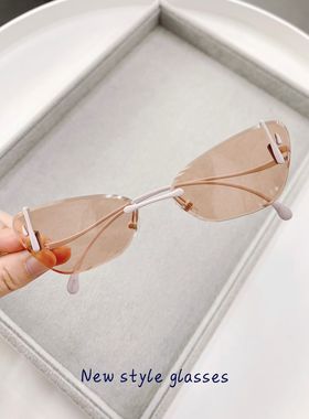 欧美无框金属猫眼太阳镜女y2k未来感简约大脸显瘦墨镜防紫外线潮