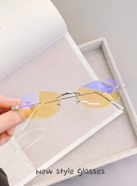 高级感无框多边形镶钻太阳眼女时尚Y2K渐进浅色墨镜防紫外线潮