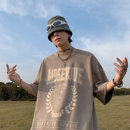 欧美潮牌t恤纯棉墨绿色短袖男夏季高街vibe美式复古小领口七分袖 - 图3