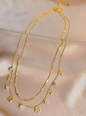 轻奢多层金色四芒星锆石锁骨链