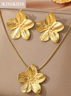 ins风花朵耳钉女时尚立体不锈钢夸张五瓣花项链耳环饰品首饰套装