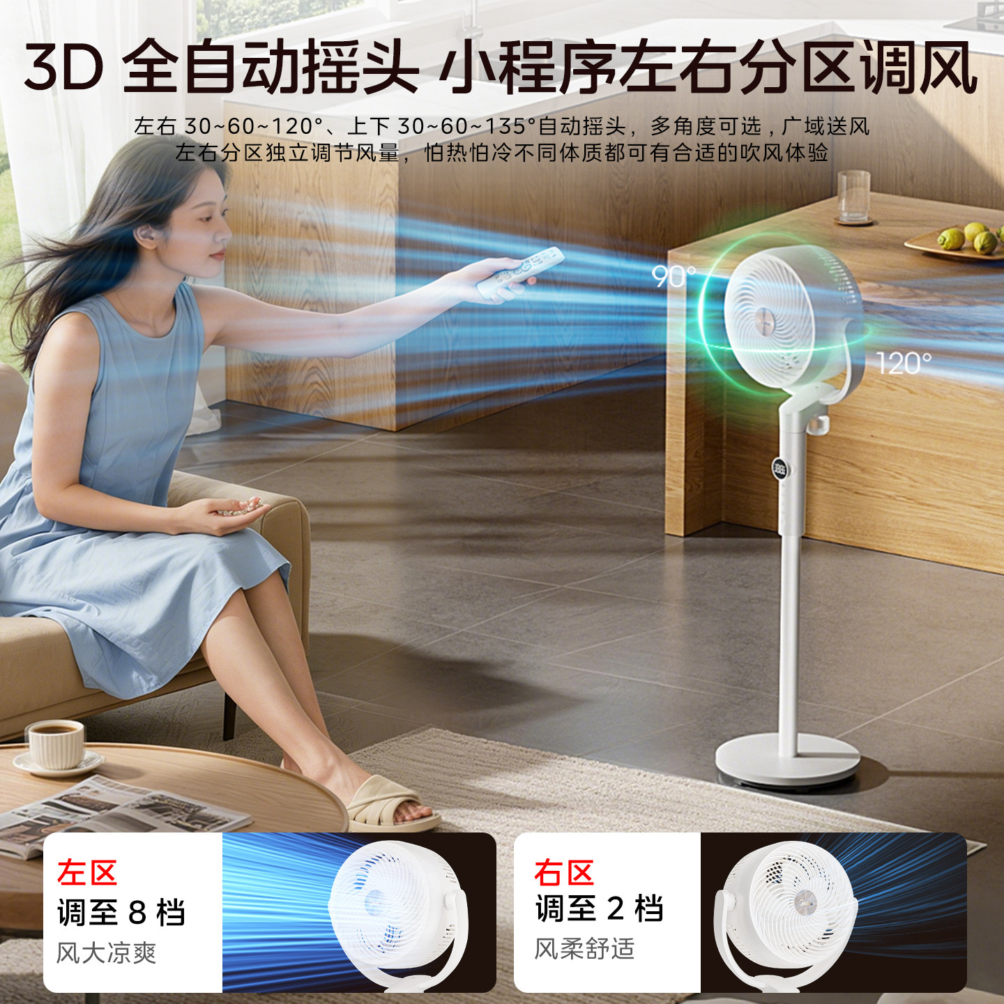 美的空气循环扇家用落地扇遥控台地两用强力节能音静3D立体电风扇