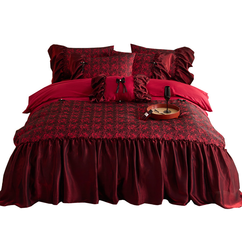 法式浪漫玫瑰提花婚庆四件套60支长绒棉印花红色结婚裙摆被套床单,淘宝优惠券,粉丝福利购,淘宝优惠卷
