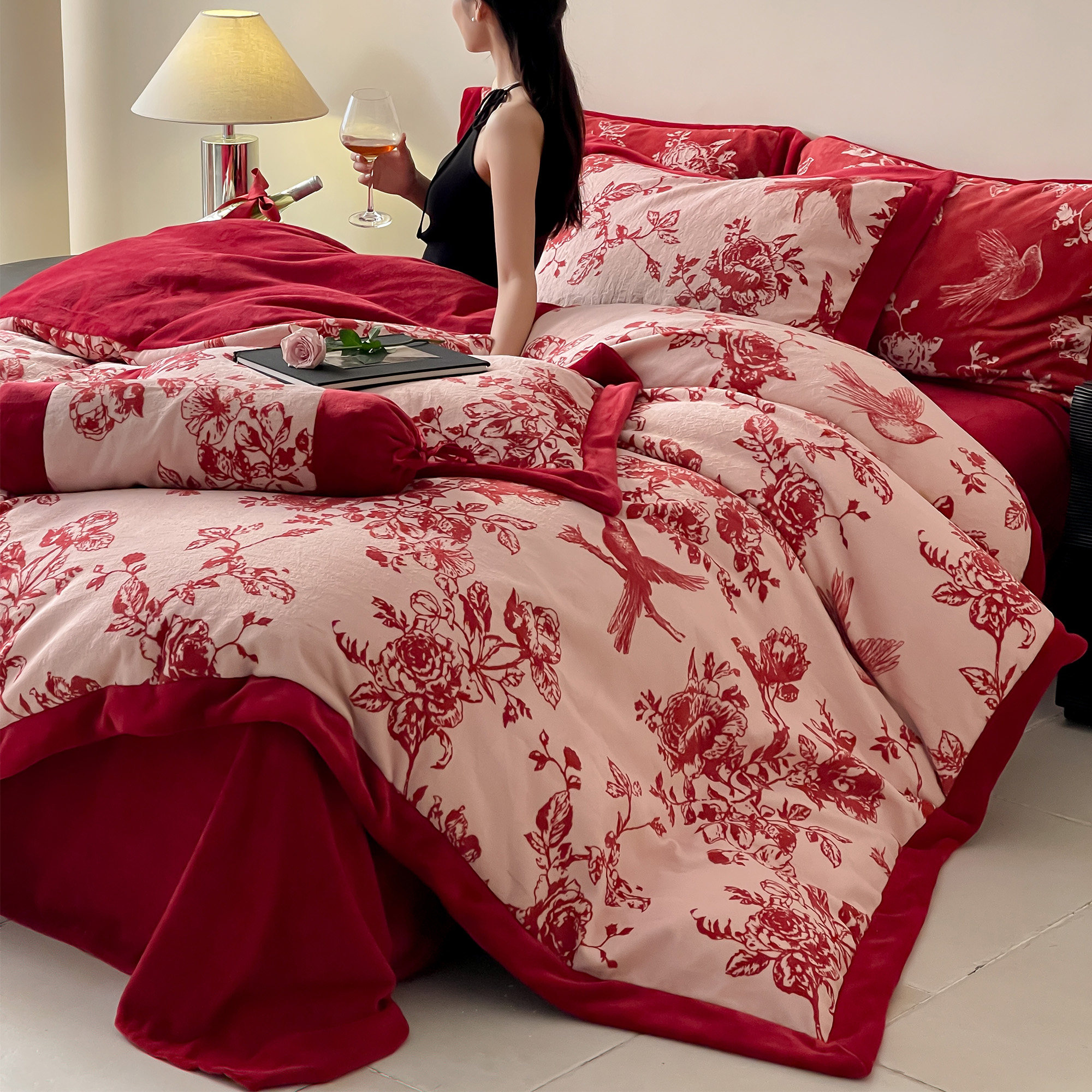 LANSWAY花鸟印花牛奶绒婚庆四件套冬季保暖红色结婚被套床单床笠,淘宝优惠券,粉丝福利购,淘宝优惠卷
