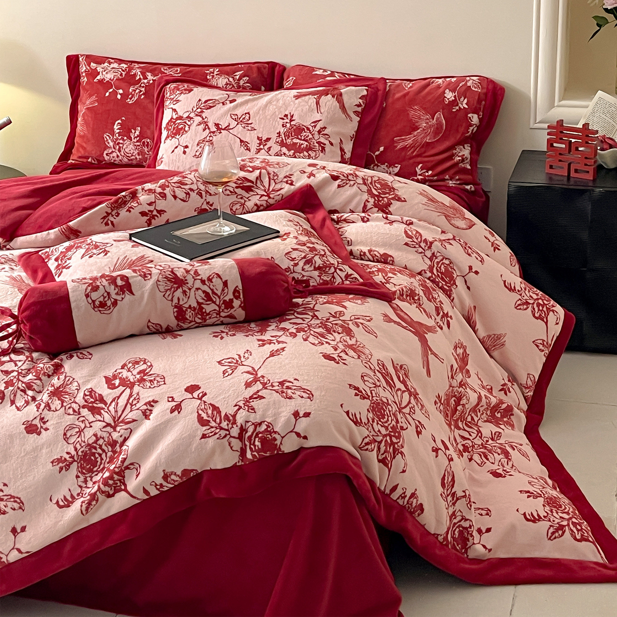 LANSWAY花鸟印花牛奶绒婚庆四件套冬季保暖红色结婚被套床单床笠,淘宝优惠券,粉丝福利购,淘宝优惠卷