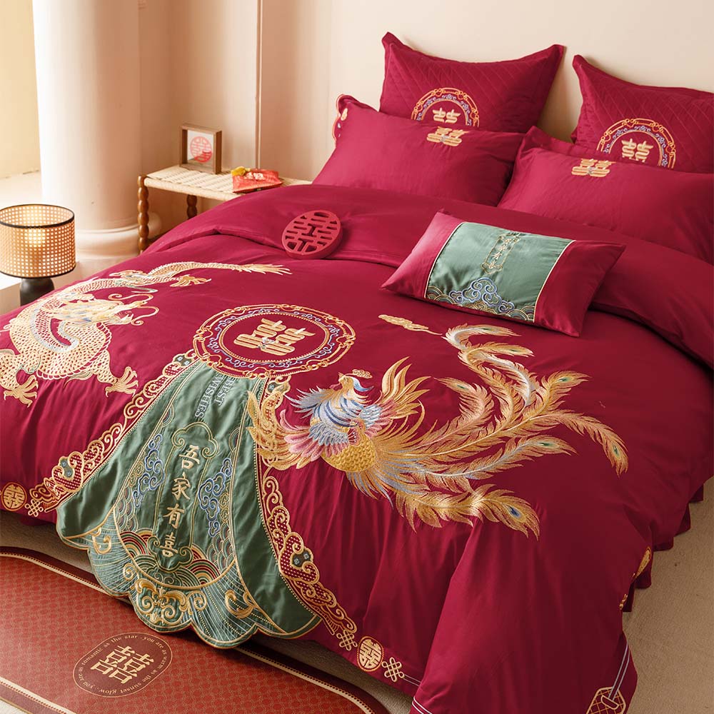 中式婚庆龙凤喜礼床上四件套全棉100S纯棉大红色结婚被套床单床盖 - 图1