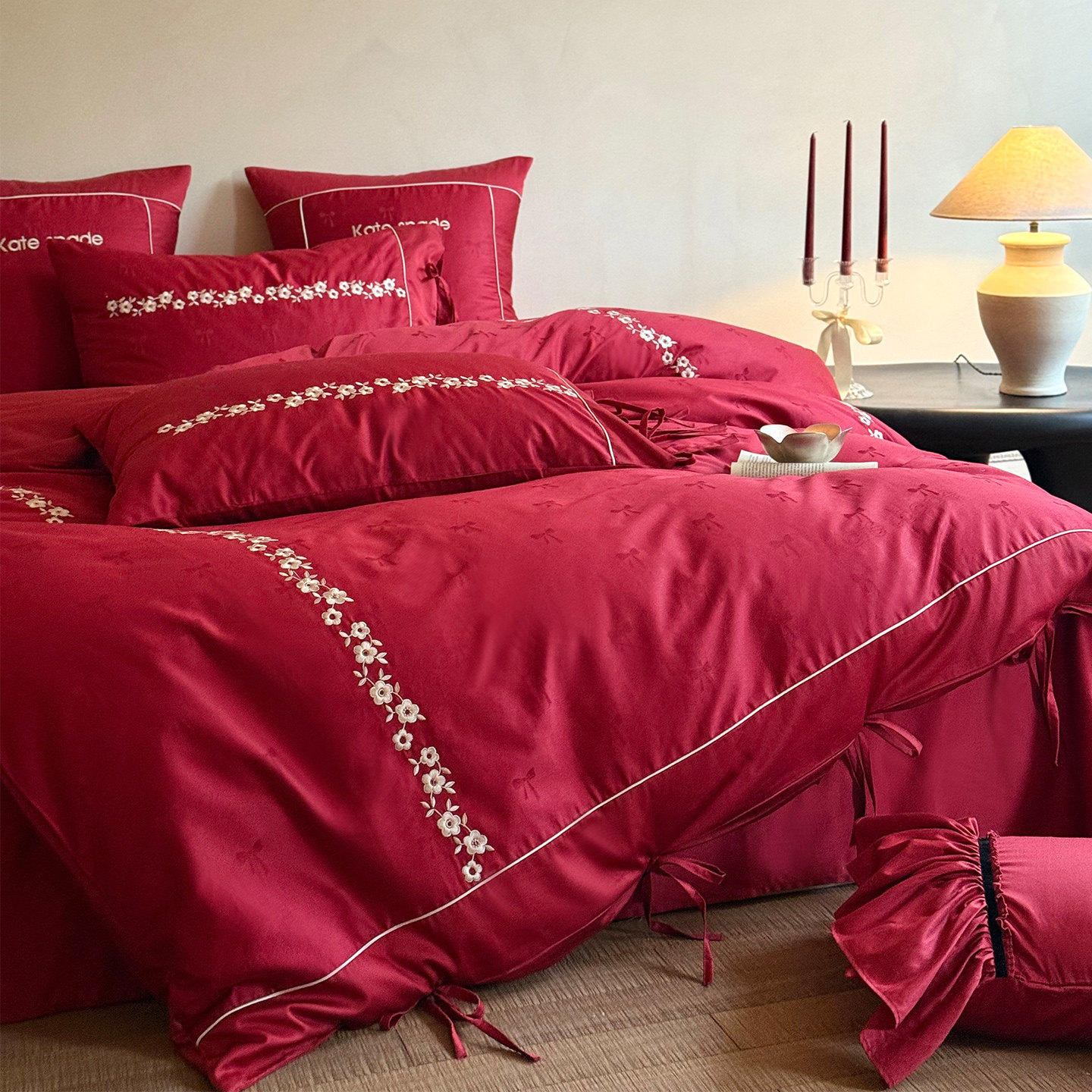 LANSWAY浪漫婚礼四件套全棉刺绣提花简约婚庆被套红色床单1.8床品,淘宝优惠券,粉丝福利购,淘宝优惠卷