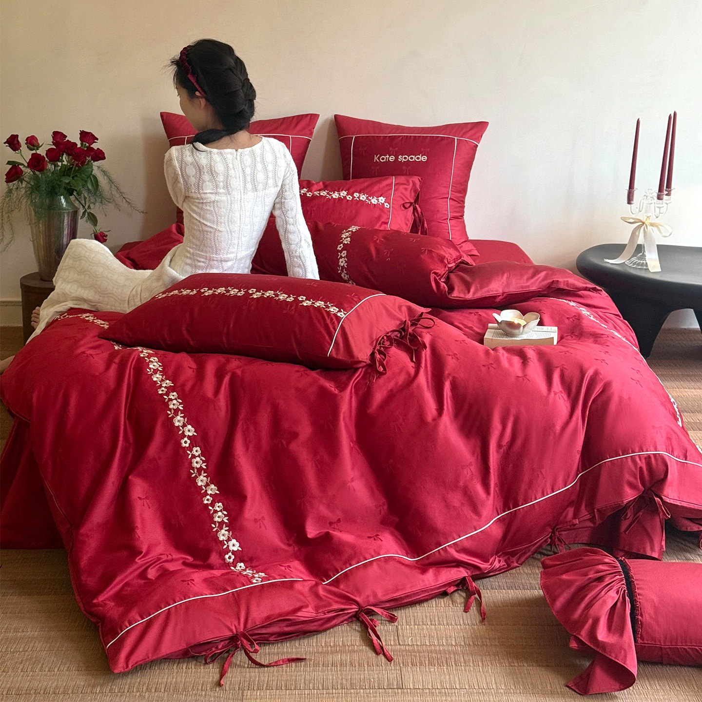 LANSWAY浪漫婚礼四件套全棉刺绣提花简约婚庆被套红色床单1.8床品,淘宝优惠券,粉丝福利购,淘宝优惠卷