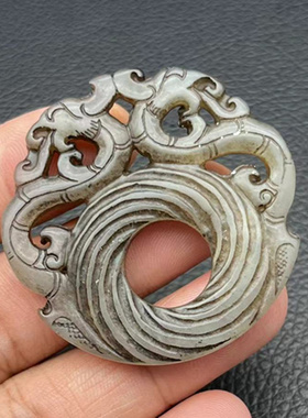 岫玉双凤吊坠挂件仿古做旧双面雕刻时来运转玉佩玉坠项坠腰佩饰品