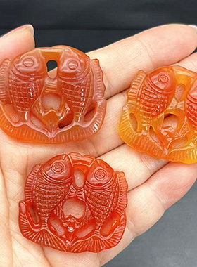 红玛瑙双鱼吊坠挂件仿古雕刻情投意合玉佩玉坠颈饰DIY帽花 帽饰品