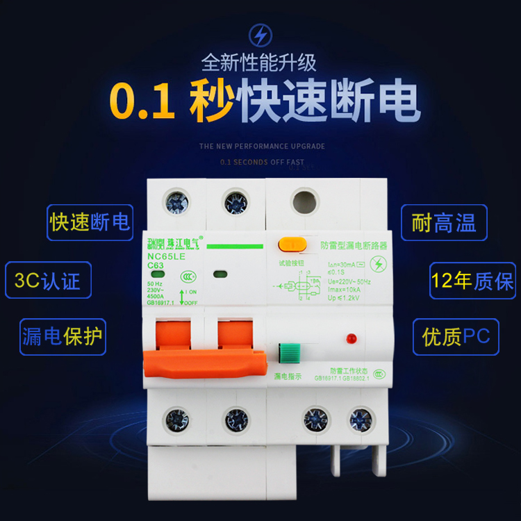 高档珠开珠江防雷漏电保护器家用断路器空开总开关2P快开保护器