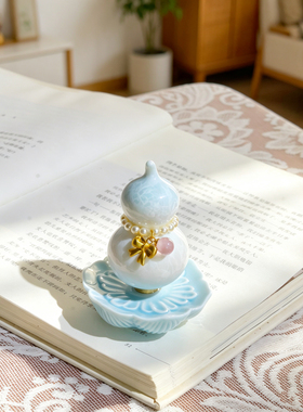 陶瓷结晶葫芦配莲花转转摆件挂坠家居装饰品客厅玄车载装饰品