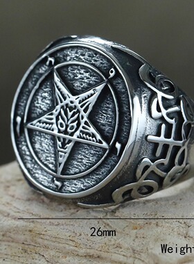宽版新款大码恶魔图腾钛钢戒指男士饰品复古朋克风嘻哈五角星指环
