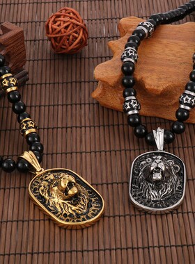 霸气欧美饰品钛钢夸张狮子王吊坠民族风串珠男女款长款项链毛衣链