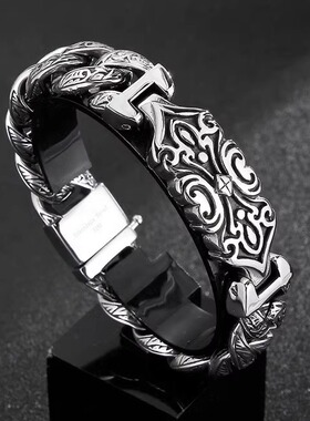 时尚复古欧美潮流个性霸气花纹十字架手链男士不掉色嘻哈首饰品