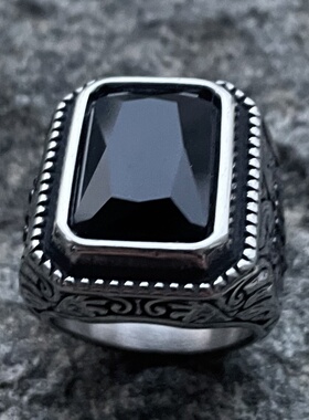 宽版方形瑞丽个性绿松石钛钢戒指轻奢高级感男士花纹欧美潮人指环