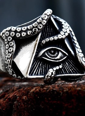 不掉色三角形钛钢铸造海怪恶魔之眼八爪鱼戒指复古霸气抛光潮指环