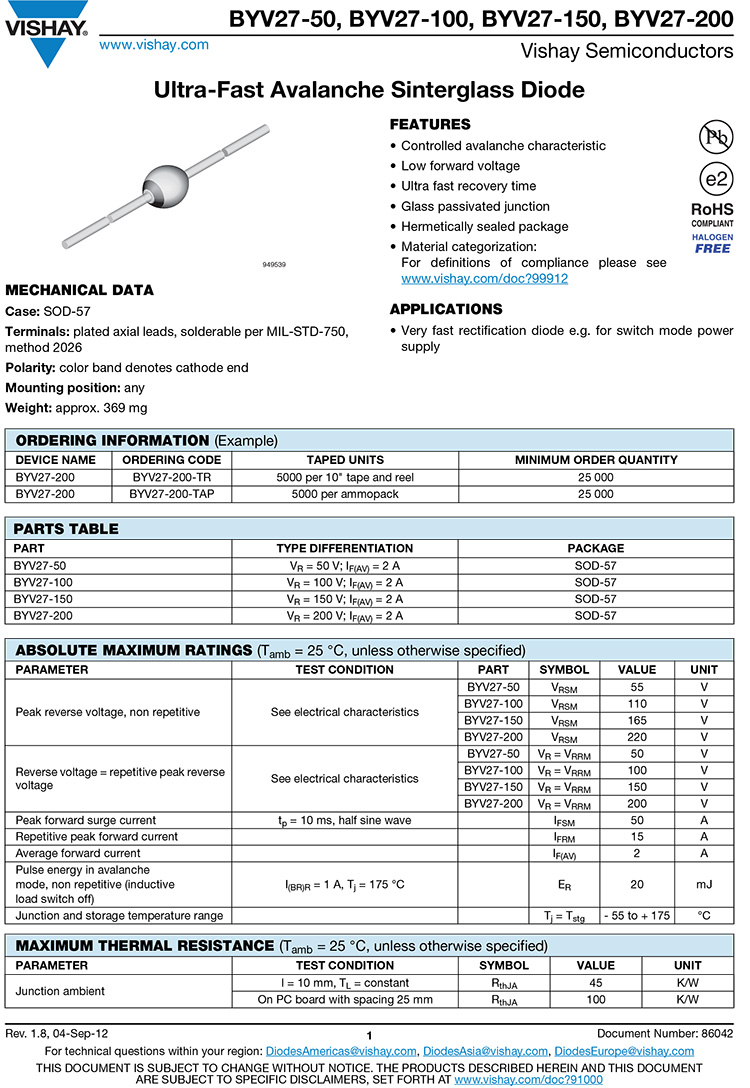 BYV27-200 Vishay全新原装排带 2A 200V 超快恢复玻璃整流二极管 - 图1