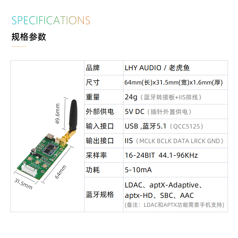 老虎鱼 高通QCC5125 5.1蓝牙 USB type C输入转接板IIS输出 96KHz - 图1