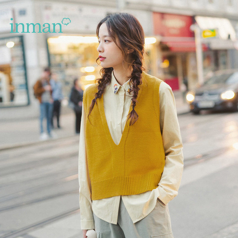 茵曼秋装v领无袖针织衫外穿马甲 茵曼名聚天成毛衣