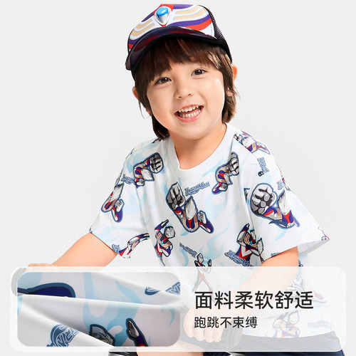 追光骑行安踏儿童T恤小童宝宝印花奥特曼短t2026年夏季新款透爽T - 图1