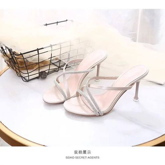 2023 summer new rhinestone high heel sandals for women with thin heels and open toes versatile one-strip half-slippers wear on the outside internet celebrity