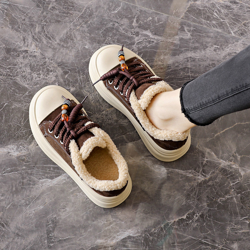 加绒加厚棉鞋女2025冬季羊羔毛厚底运动板鞋34码小个子增高面包鞋,淘宝优惠券,粉丝福利购,淘宝优惠卷