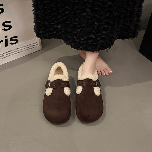 厚底内增高加绒勃肯鞋女2025新款冬季保暖毛毛棉鞋34码低帮雪地靴 - 图1