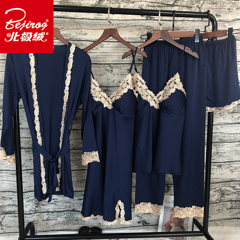 胸垫五件套韩版丝绸秋冬季性感睡袍 北极绒百盈睡衣/家居服套装