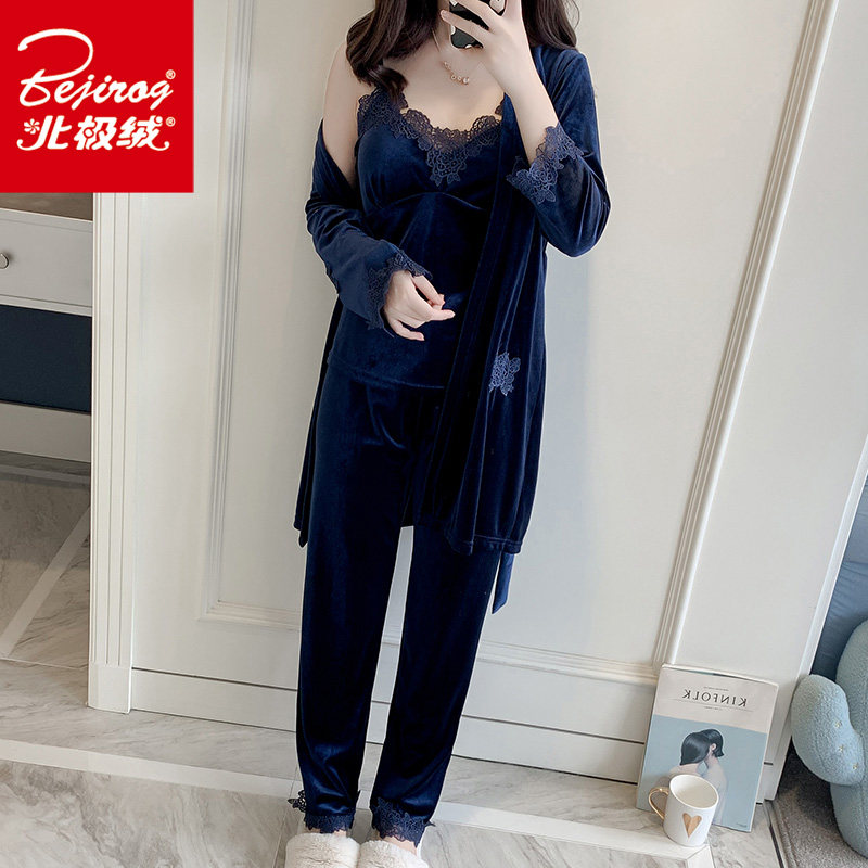 金丝绒性感女春秋冬吊带带长睡裙 北极绒百盈睡衣/家居服套装