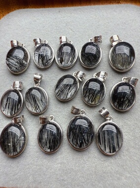 天然黑发晶吊坠925银镶嵌走夜路发财女精致顺发发晶