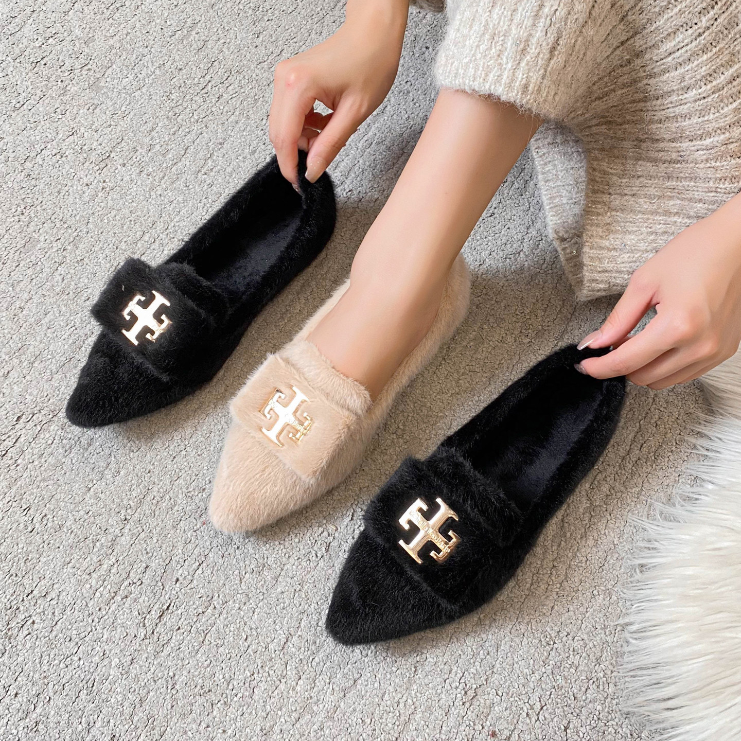 尖头毛毛鞋女冬外穿2025新款厚底法式一脚蹬貂毛豆豆鞋女加绒保暖,淘宝优惠券,粉丝福利购,淘宝优惠卷