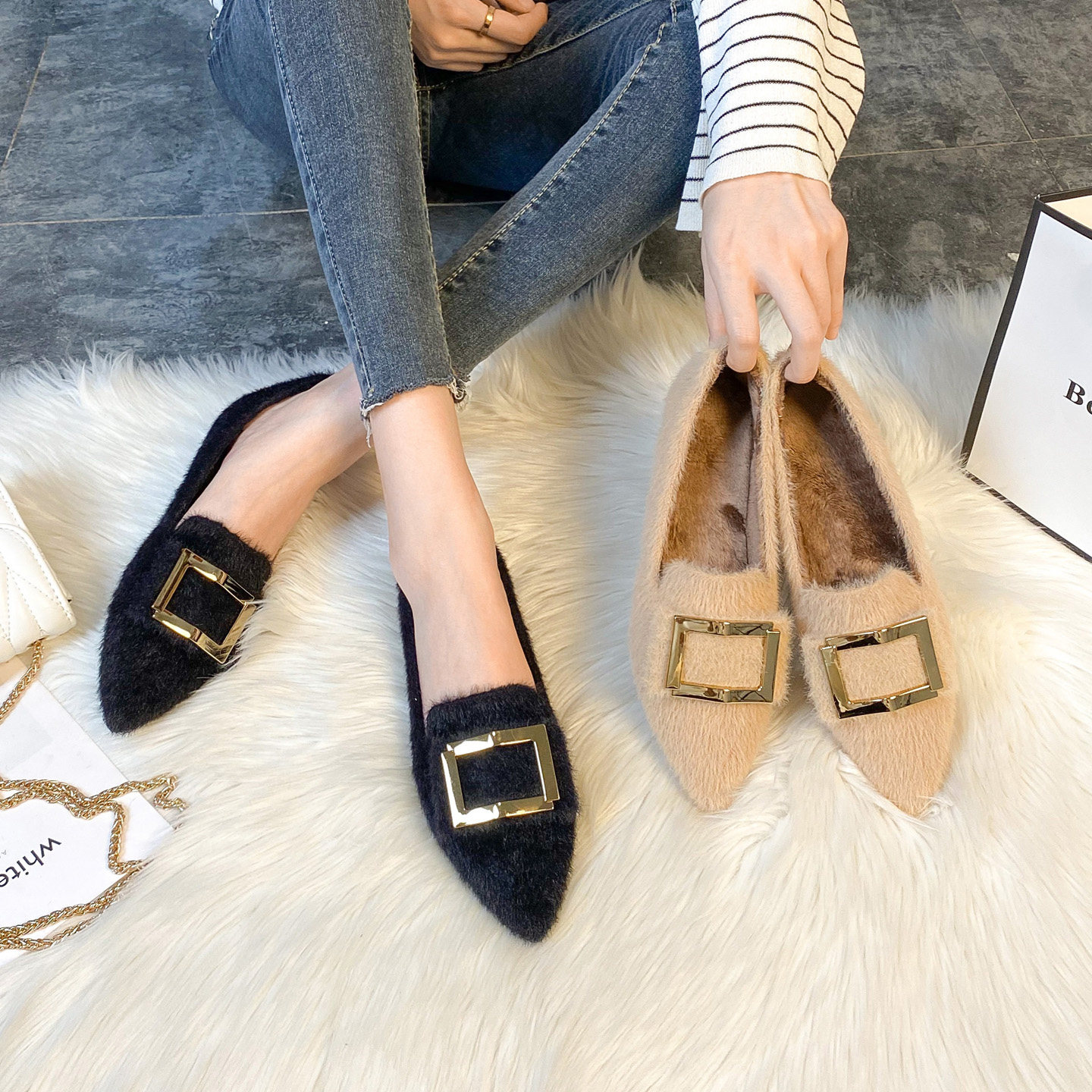 尖头毛毛鞋女秋冬外穿平底加绒豆豆鞋水貂毛棉瓢鞋大码女鞋41到43,淘宝优惠券,粉丝福利购,淘宝优惠卷