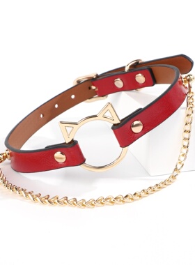 猫咪头链子女皮革choker红色项圈