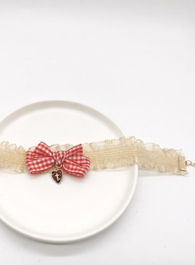 手作甜洛丽塔暖白蕾丝红格子草莓蝴蝶结爱心吊坠choker脖项圈项链