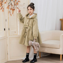 Girls windcoat jacket with long style autumn clothing 2023 new foreign air Han version Girl with hat childrens spring and autumn blouses