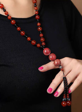 新中式红色长款斜项链女琉璃吊坠毛衣链国风古风旗袍颈链配饰