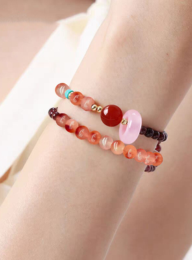 酒红石榴手链中式复古小众精致转运珠双圈手串多层高档新年礼物