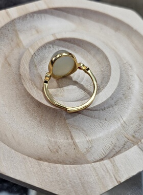 通体S925纯银镀金和田玉白玉戒指