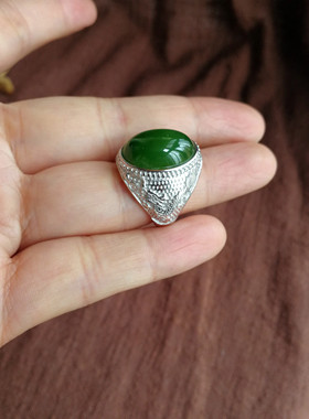 大气天然和田玉可伸缩银指环包邮