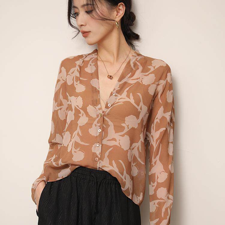 高端印花真丝乔其纱衬衫女长袖2025春夏款V领气质薄款桑蚕丝上衣